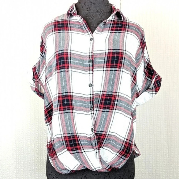 Harper Tops - Harper | Plaid Drape Twist Front Button Down Med